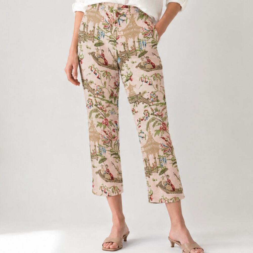 Vintage Christie & Jill Asian Print Crop Pants 6P Pink Stretch Cotton Sateen